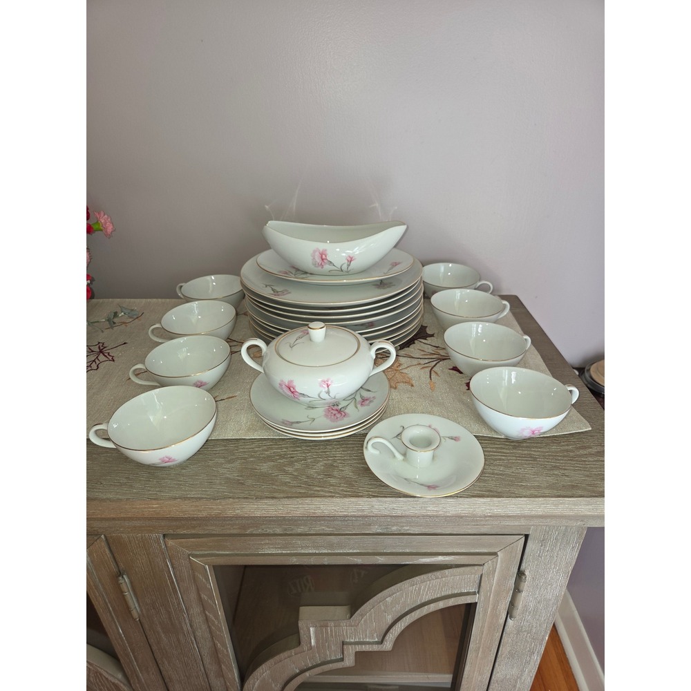 Vtg Royal Court Fine China Carnation Japan Floral Gold Rim Dinnerware Set 24pc